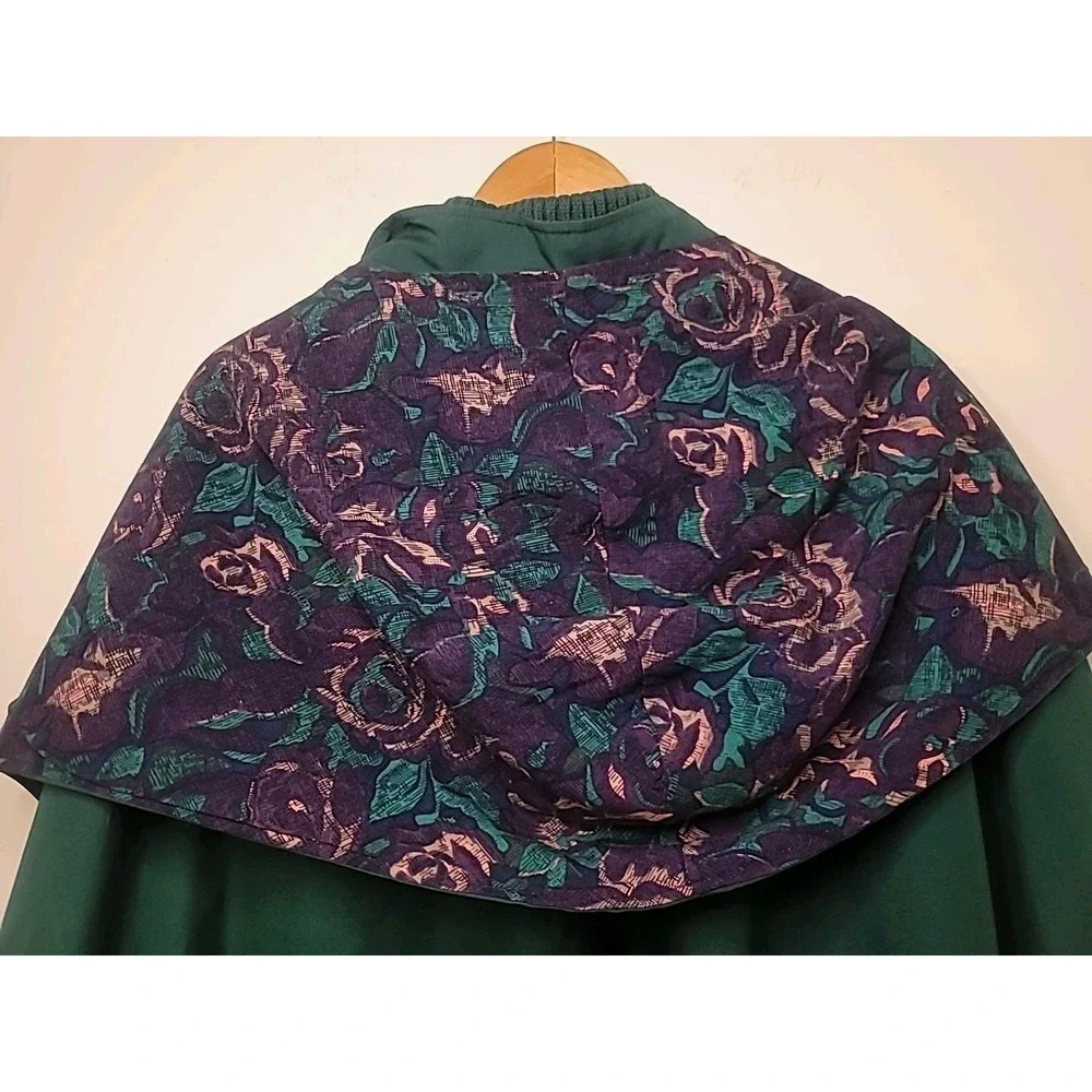 J Gallery Women's Cape Poncho Coat Medium Zip Fleece Lined Purple Rose Green VTG